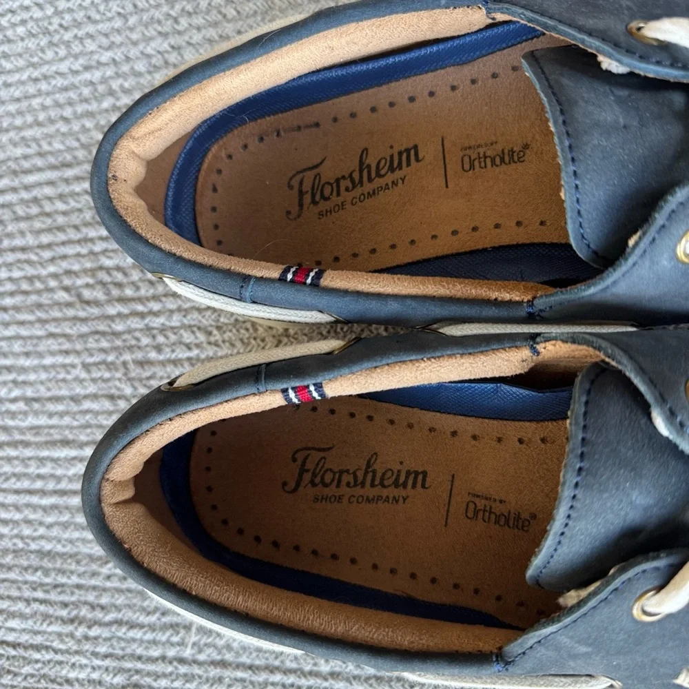 Florsheim Atlantic Moc Toe Navy Blue Leather Boat Shoe Tie Loafers Mens Sz 7.5